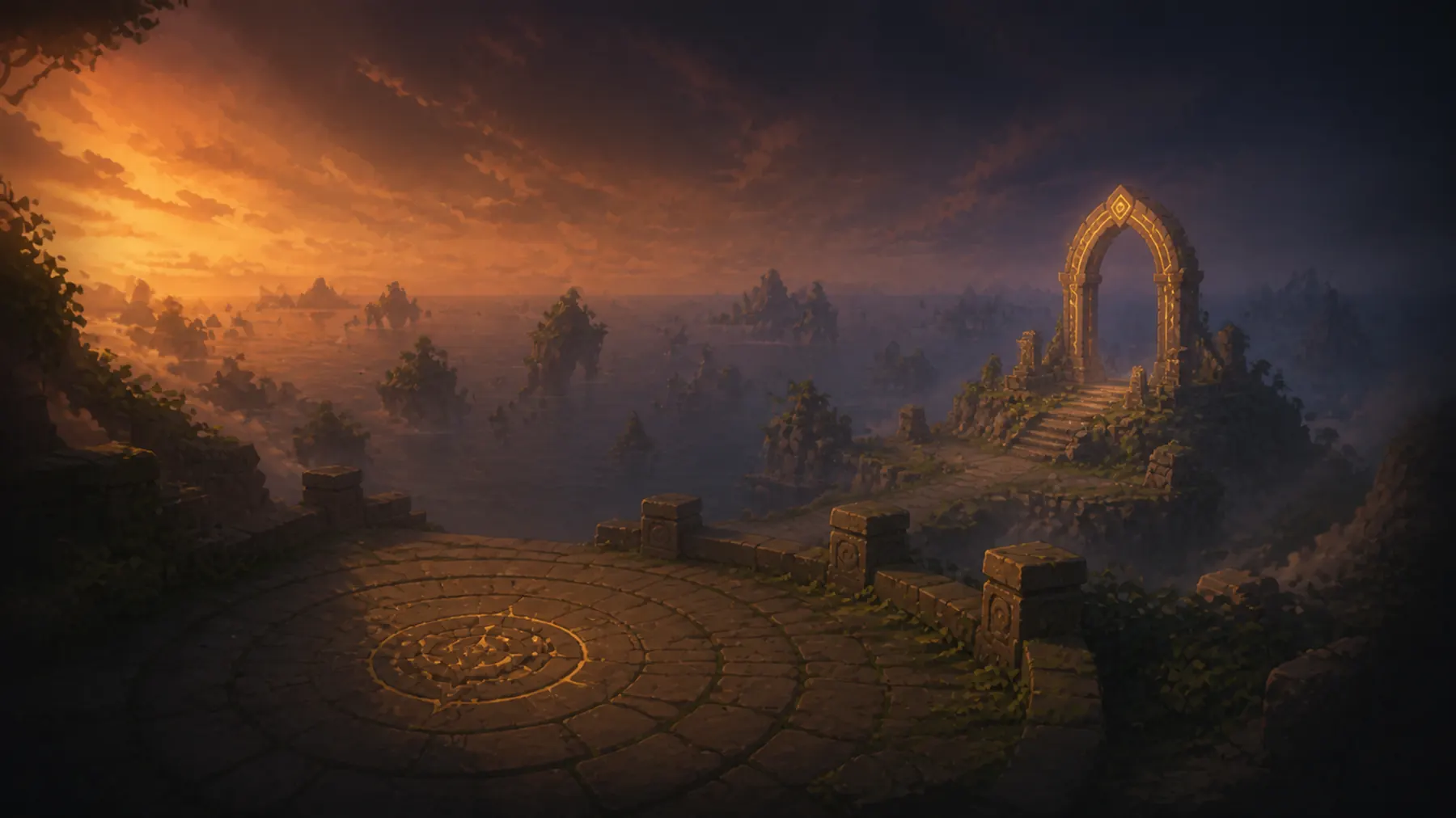 A floating archipelago at dusk, a lit Runegate on a headland to the right